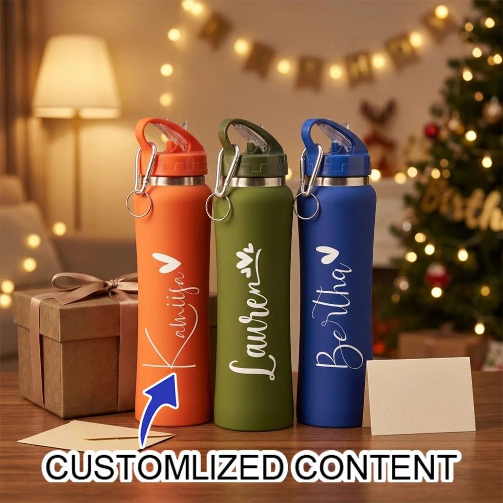 24oz Custom Name Sports Water Bottle Matte Vacuum Flask with Straw Lid & Carabiner for Hiking Camping Outdoor Daily Hydration.
