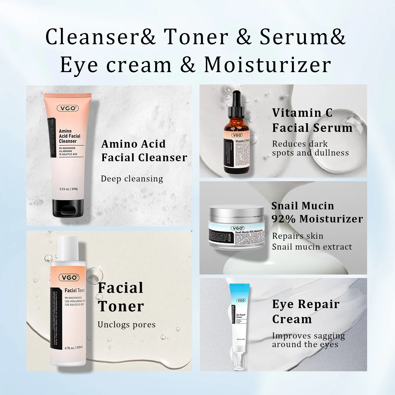 VGO 5 Buah Set Perawatan Kulit Pembersih Toner Krim Mata Serum VC Krim Siput Anti Penuaan Pemutih Hidrasi Perbaikan Kulit untuk Jenis Kulit