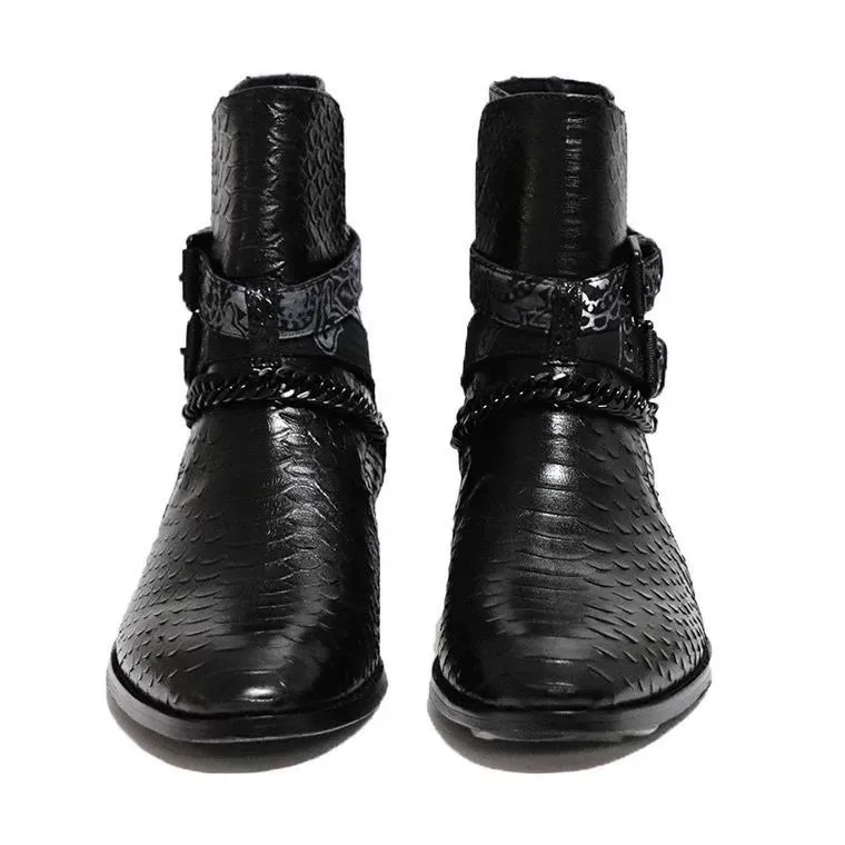 Alligator Real Leather Fashion Short Boots Belts Buckles Black Chains Luxury Side Zipper Flats Men Boots Shoes