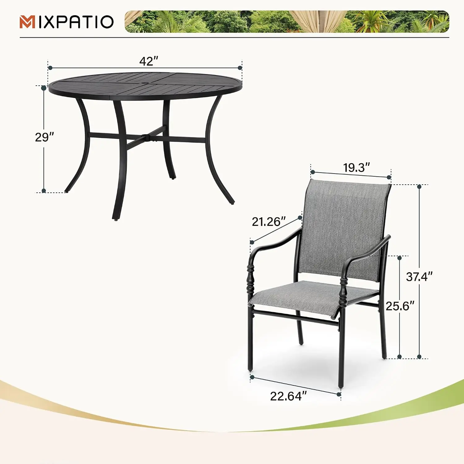 5pc Patio Dining Set, 42' Round Table, Textilene Chairs, Grey | Outdoor Metal Table with Umbrella Hole, Seats 4, Customized