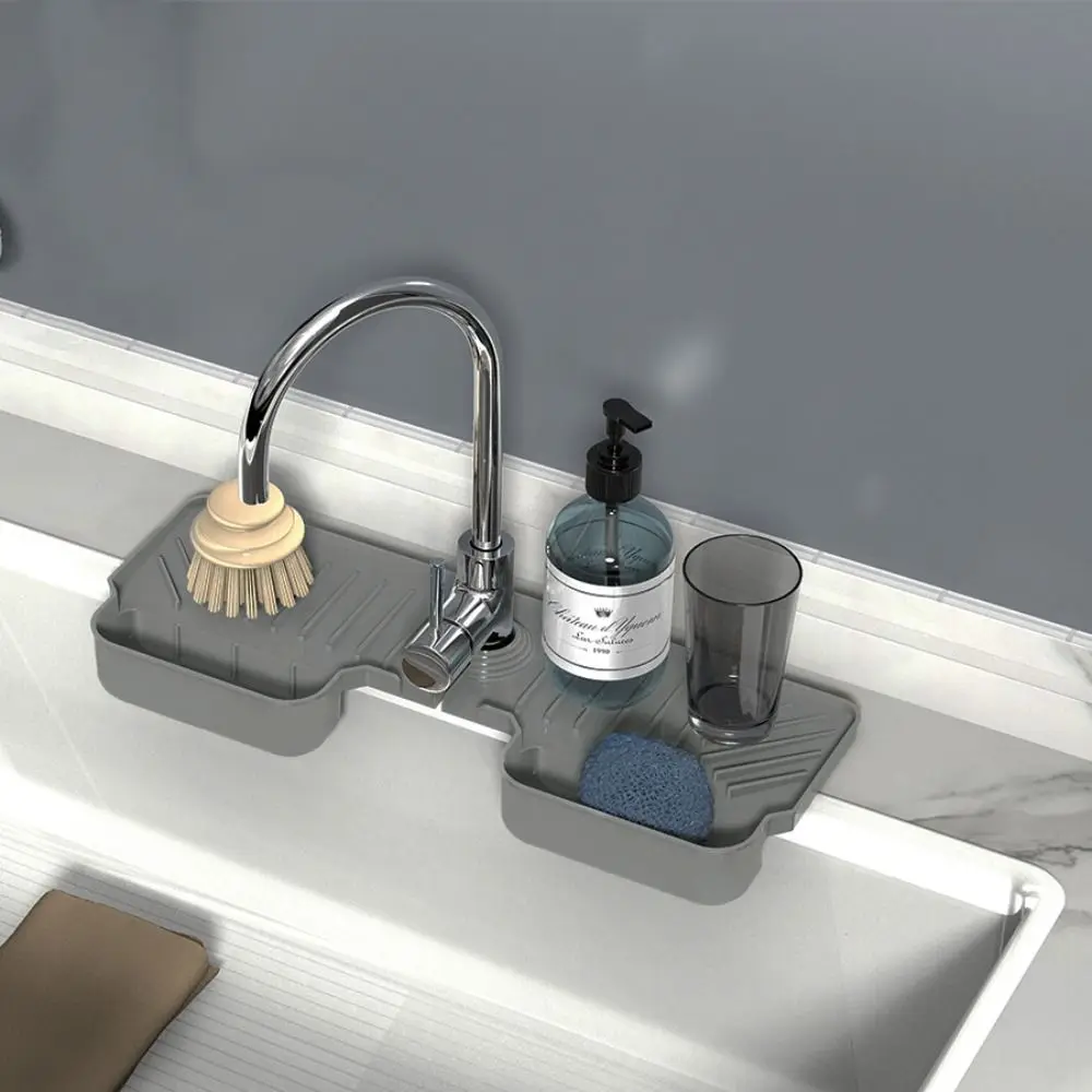 Silicone Faucet Splash Guard Mat Soft Splash Proof Faucet Water Catcher Mat with Dish Sponge Holder Self Draining