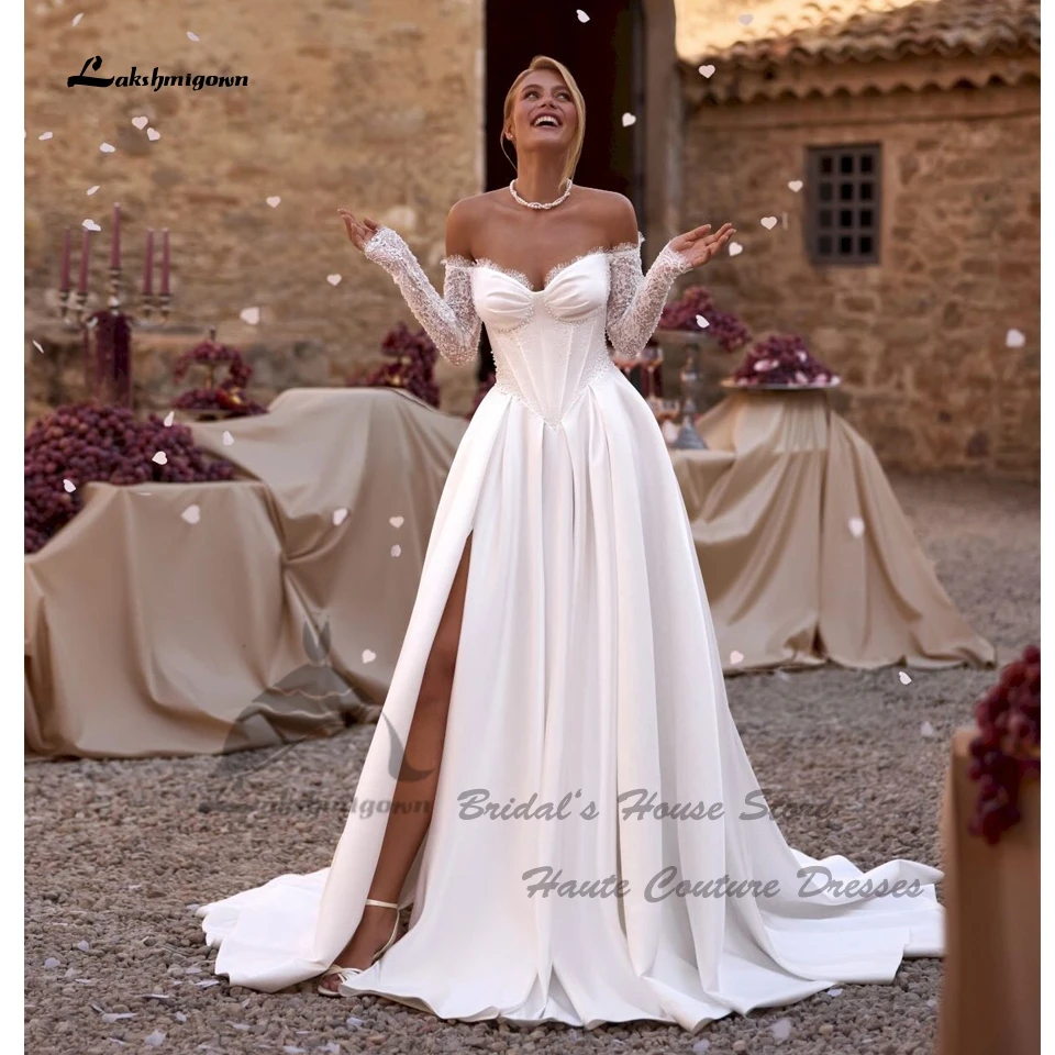Lakshmigown Wunderschöne Boho-Satin-Hochzeitskleider mit langen Ärmeln 2026 Vestidos Civil Spitzen-Kirchen-Brautkleider Sweetheart Maßanfertigung – Detail 5