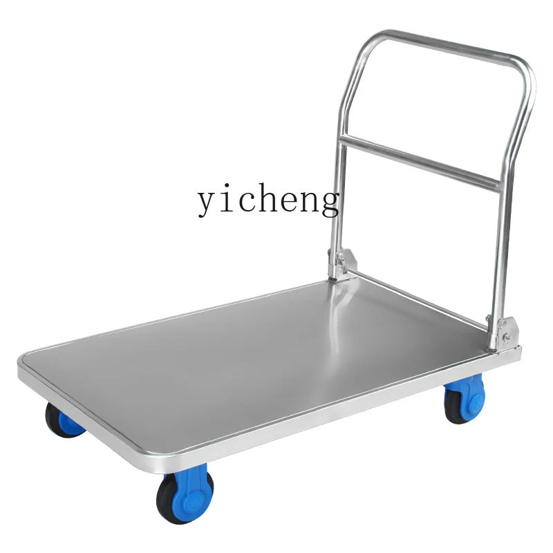 

TQH folding silent family flat car stainless steel hand-pulled cart portable push truck four-wheel trolley