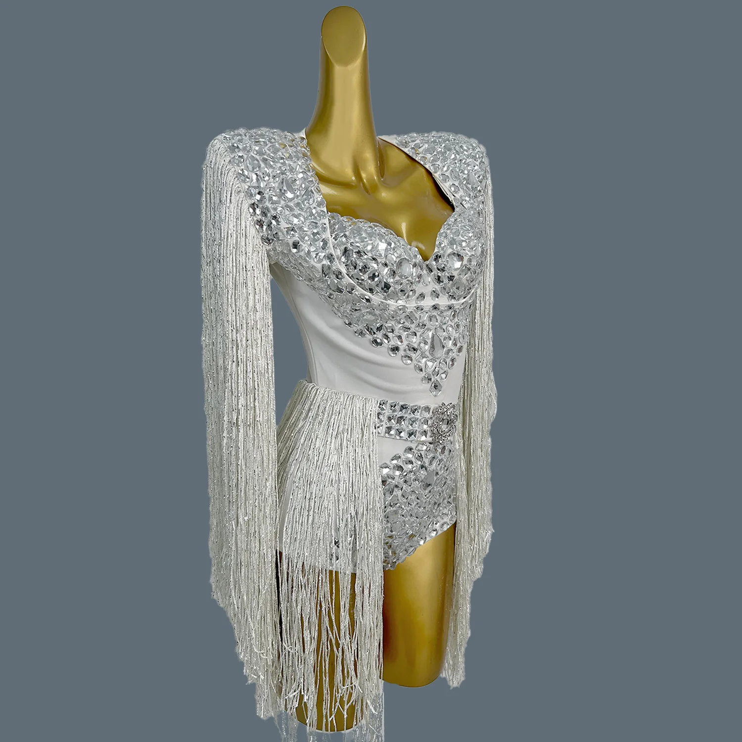 Showgirl Spandex Long Tassel Sleeved Bodysuit  Nightclub Party Stage Performance Wear  Latin Dance Team Sexy Outfit Baijingling