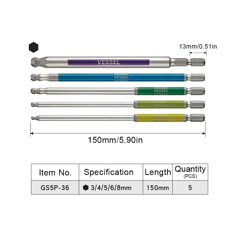 VESSEL Series 5Pcs Screwdriver Bit Set Strong Magnetic Bits 6.35mm Hex Bits Hand Tool Accessories GS5P-35 GS5P-36 Electro - tool