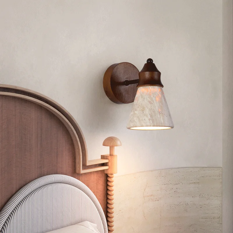 Wooden Base Travertine Wall Lamp Retro Natural Stone LED Wall Sconce for Bedroom Living Room Bathroom Home Decor