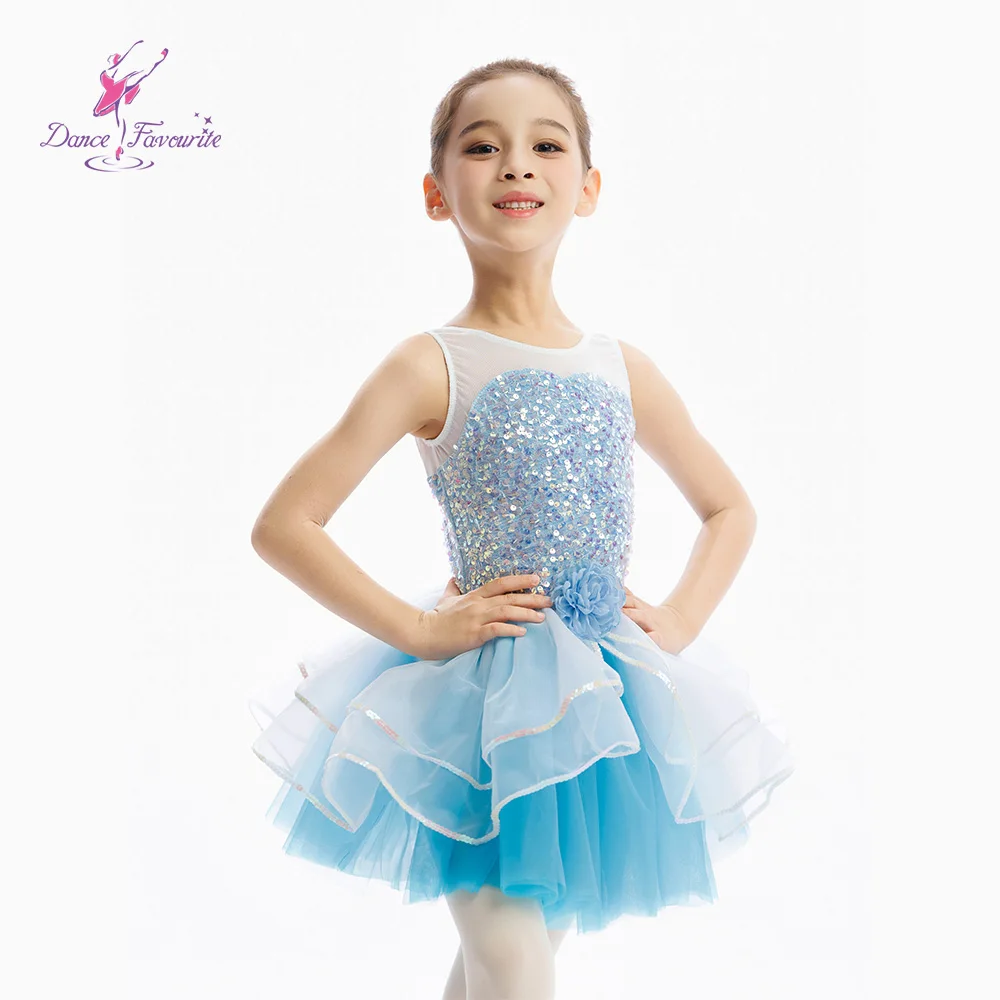 ชุดบัลเลต์เด็ก C26051 ชุดเต้นรำกระโปรงบัลเลต์สีขาวประดับเลื่อม พร้อมกระโปรงบัลเลต์สีฟ้าอ่อนสำหรับการแสดงบนเวที