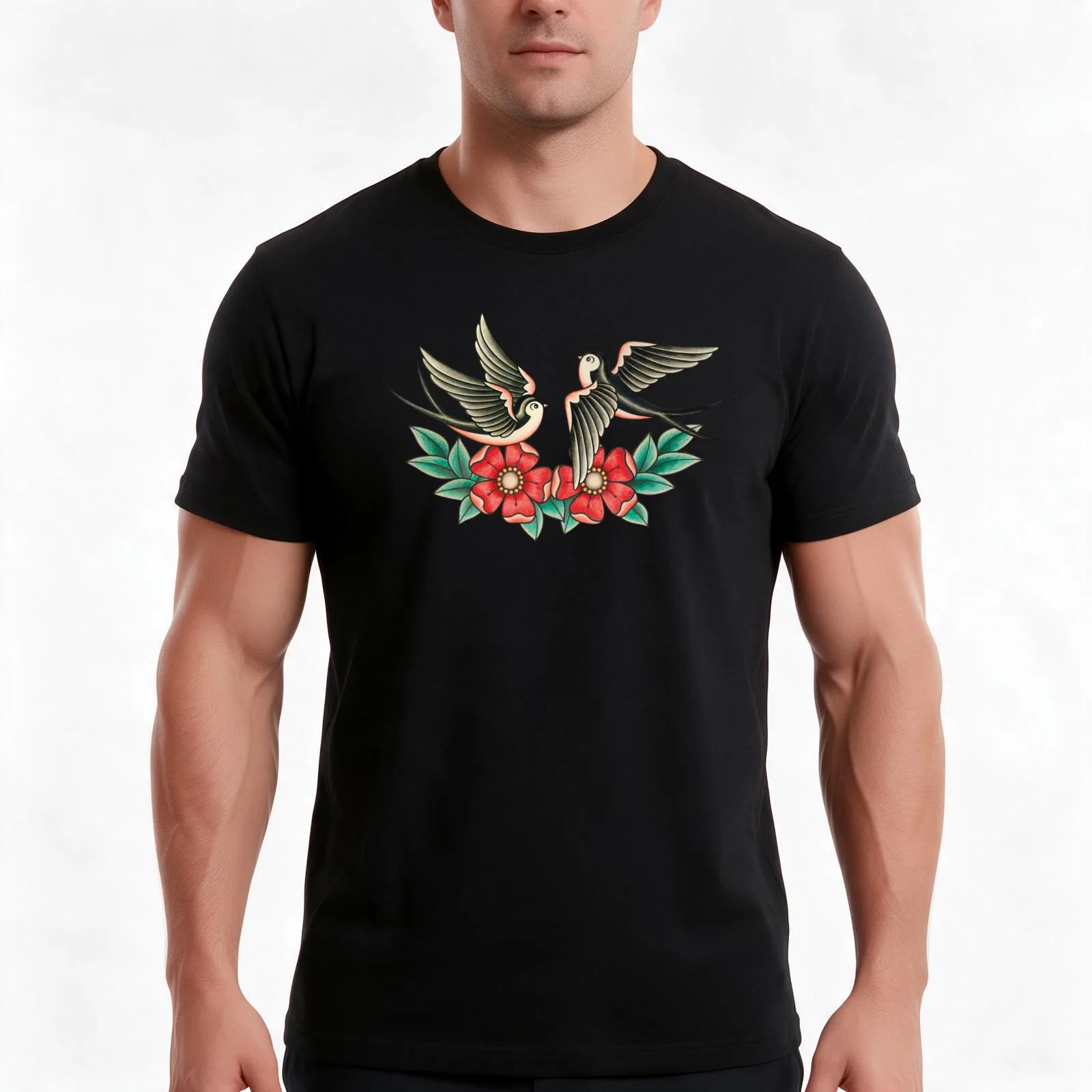 Swallows Tattoo T-Shirt, Summer Casual Cotton Tee, Oversized Streetwear Tops, Vintage Graphic Print, Loose Fit Short Sleeve