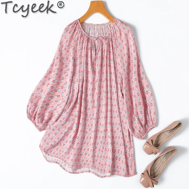 Tcyeek 93% Mulberry Silk Blouse Women Spring Summer Clothes Mid-length Top Loose Fit Women's Elegant Blouses Blusas De Mujer