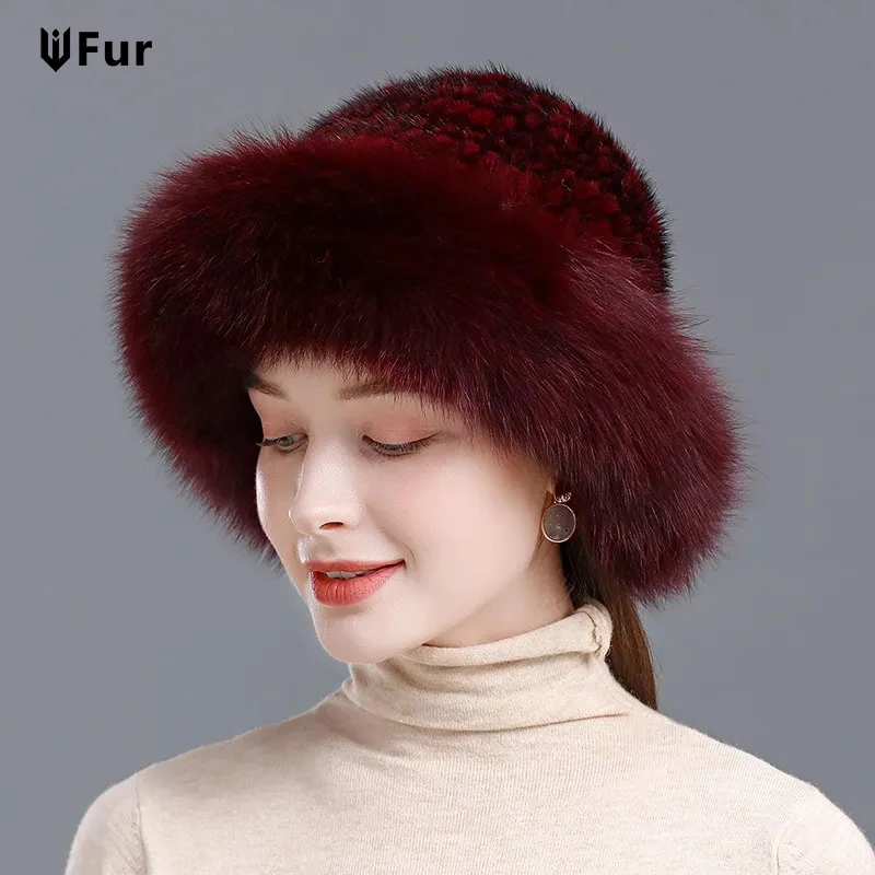 New Luxury Knitted Real Genuine Fox Fur Hats Women Beanies Solid Real Mink Fur Caps Winter Lady Party Fashion Fur Hat Skullies