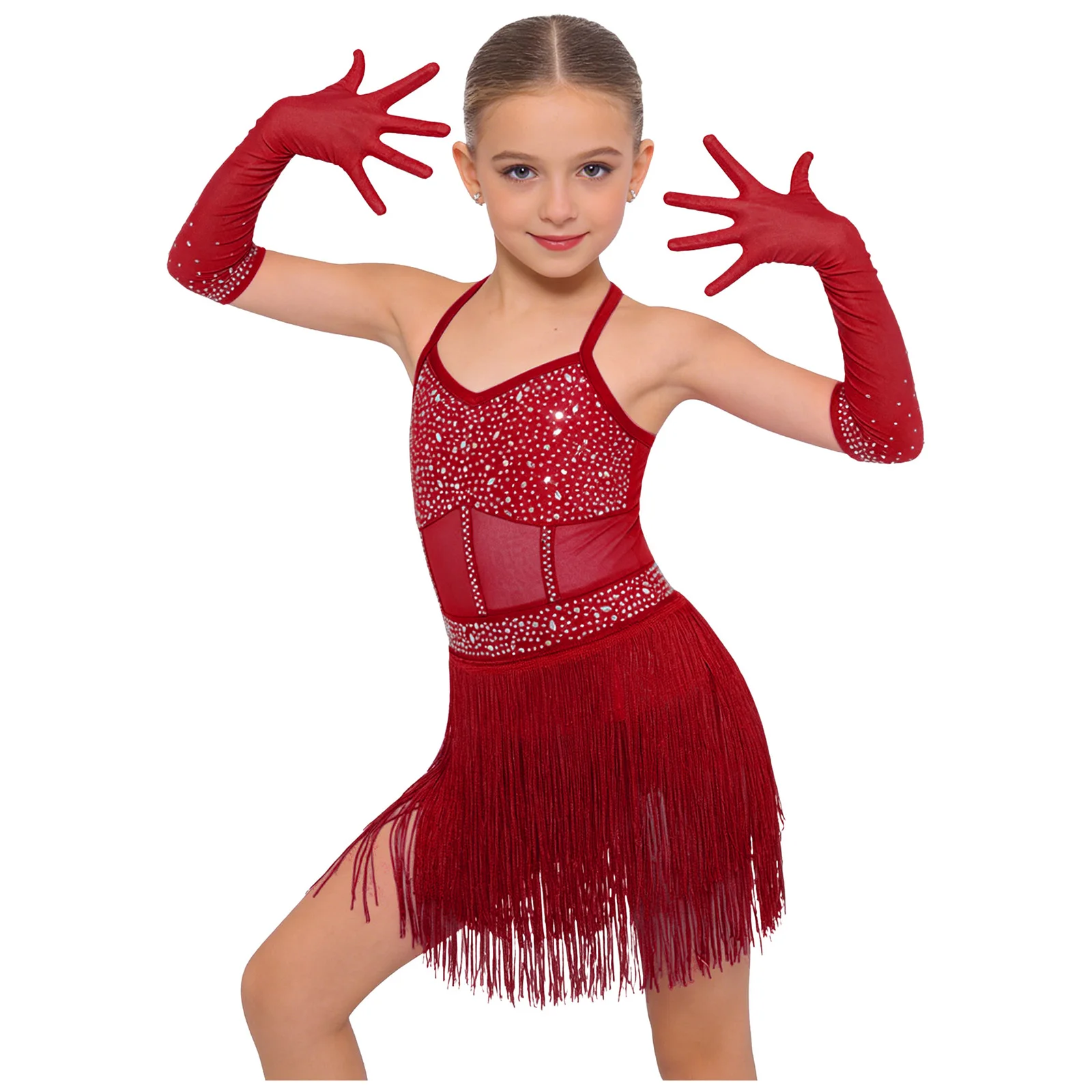 Girls Latin Cha-cha Dance Outfit Shiny Rhinestones Mesh Patchwork Tassels Dress Gloves Samba Tango Disco Stage Performance Wear