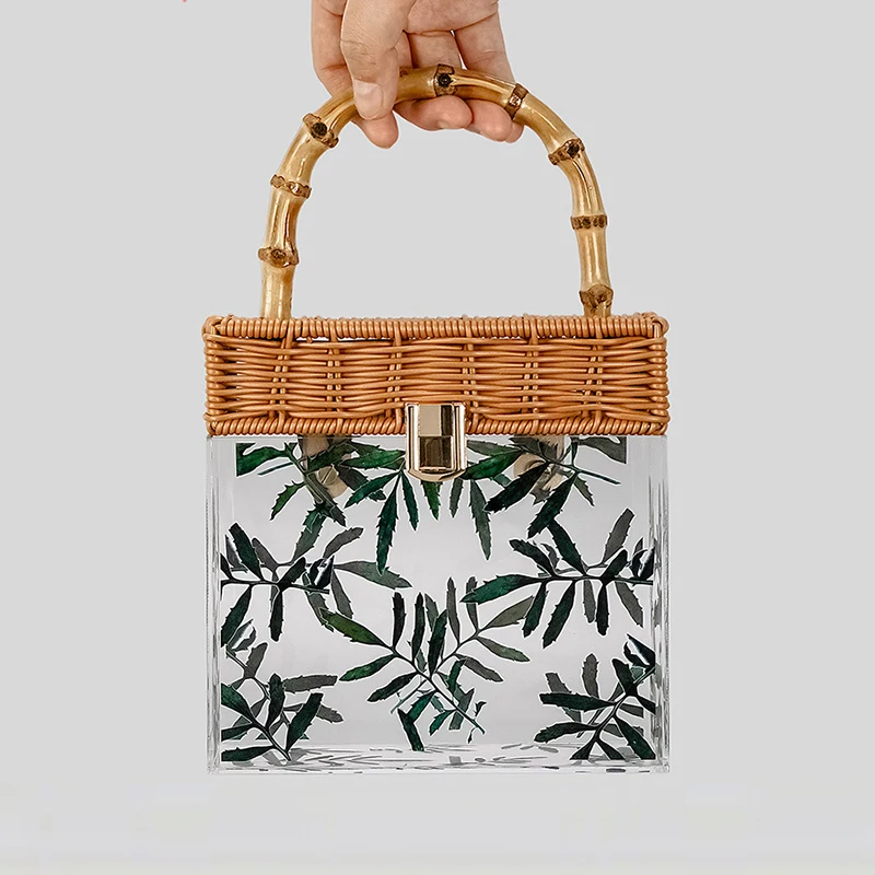 Imagem -03 - Bolsa de Bambu Feito à Mão em Rattan Tecido de Luxo Bolsas de Grife para Mulheres de Alta Qualidade 2023 Moda Transparente Acrílico Folha Tote Bolsa Chegada Rápida