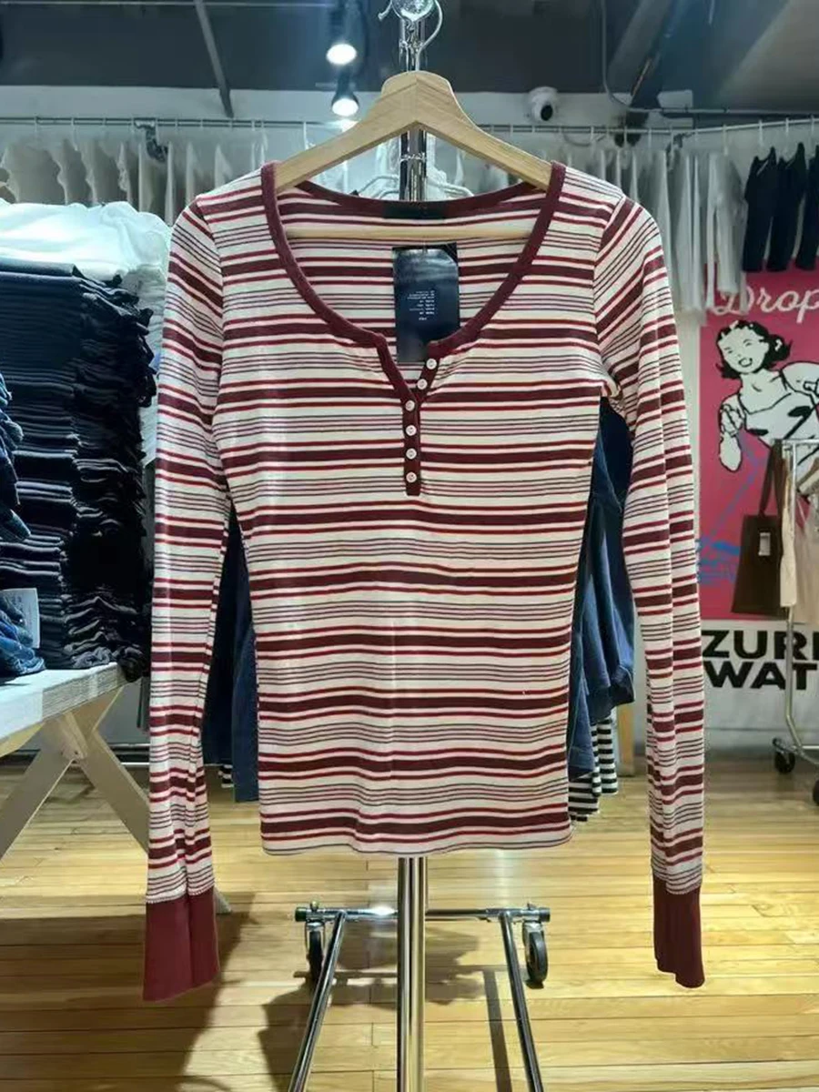 Vintage Gestreepte Slanke T-shirts Met Lange Mouwen Herfst Casual Ronde Hals Streetwear Katoen Tees Vrouwen Klassieke Harajuku Knop Tops Y2k