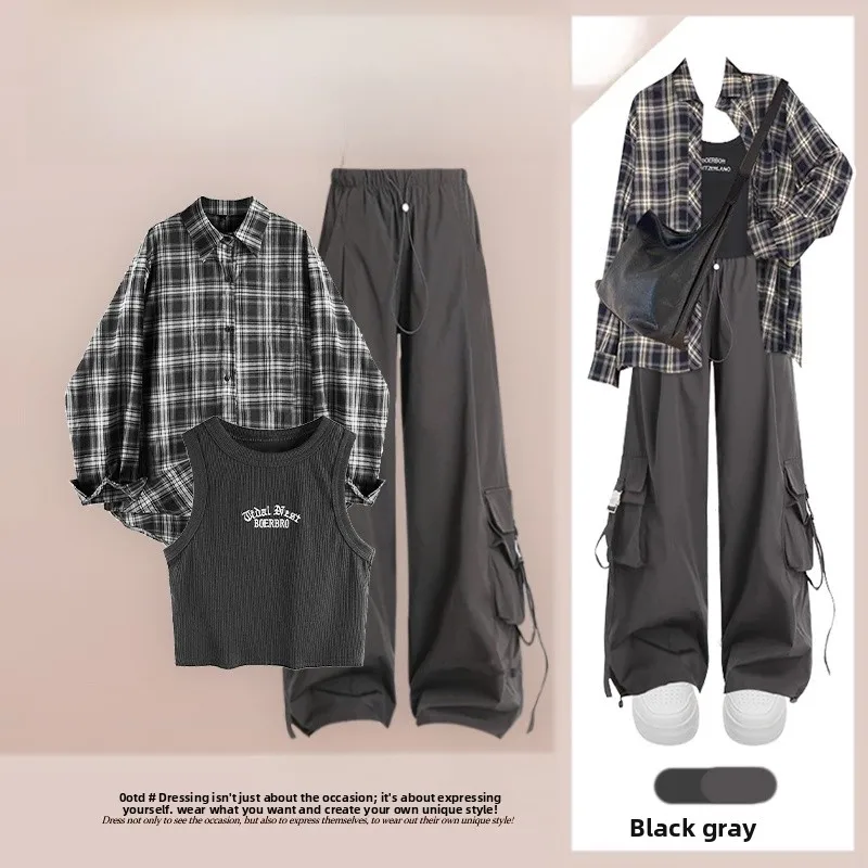 

Women's Autumn Loose Fashion Set Korean Style Sun Protection Shirt Inner Vest Slimming Work Pants Three Piece Suit Casual Wear