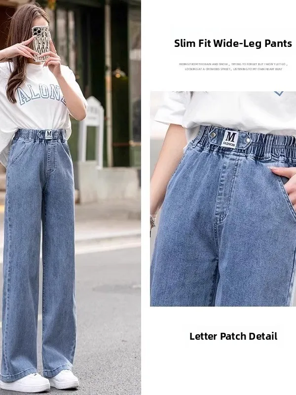 Jean en Denim fin taille haute pour femme, pantalon court à jambes droites, décontracté, taille élastique, jambes larges, effet amincissant, été
