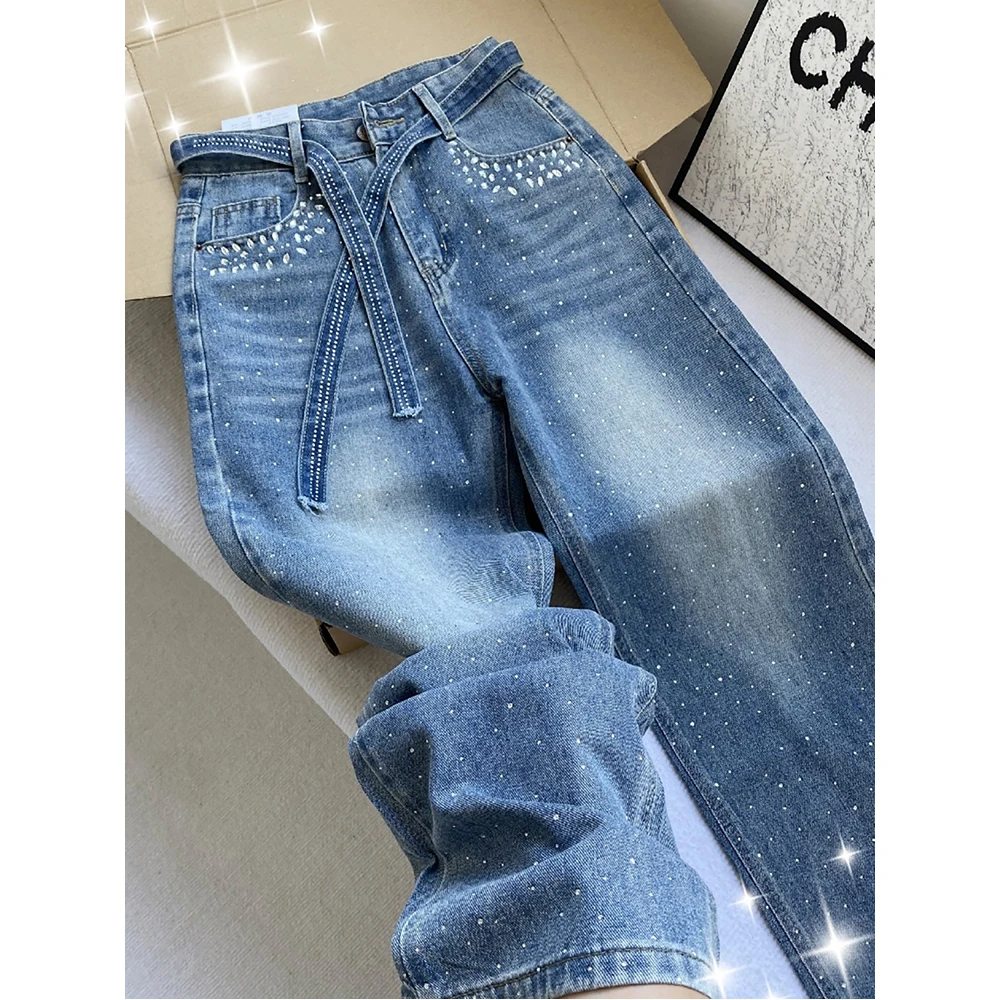 Shiny Diamond Blue Denim Pants for Women Fashion High Waist Rhinestone Straight Wide Leg Jeans with Belt Casual Denim Trousers