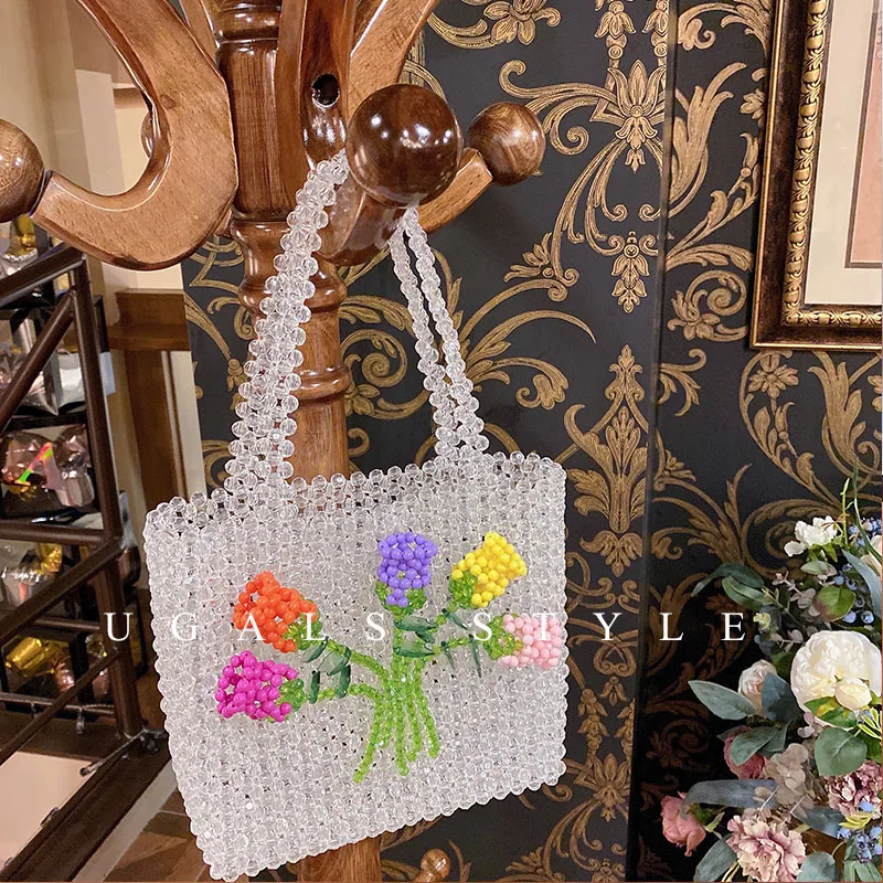 2023 New Customized Hand Woven Beaded Bag Women\'s Fashion Flower Design Crystal Handbag Exquisite Fairy Banquet Party Sac A Main