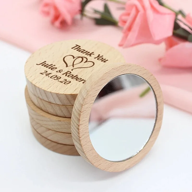 Personalized Wedding Souvenir Wooden Pocket Mirror Bridal Shower   Portable Pocket HD Mirror Wood Mini Makeup Mirror