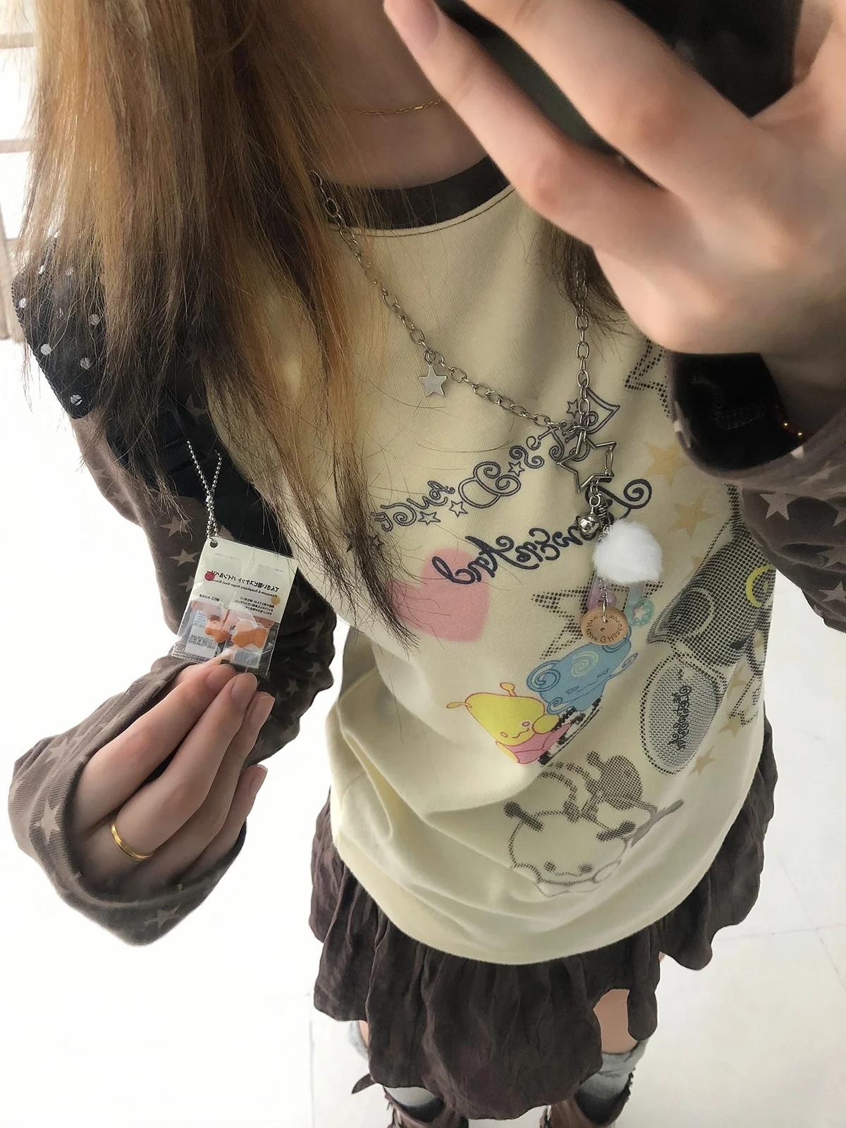 Sakura Girl Star Color Block Long Sleeve Tee Loose Cute Small Print Casual Shoulder Insertion Top for Teen Girls Cotton