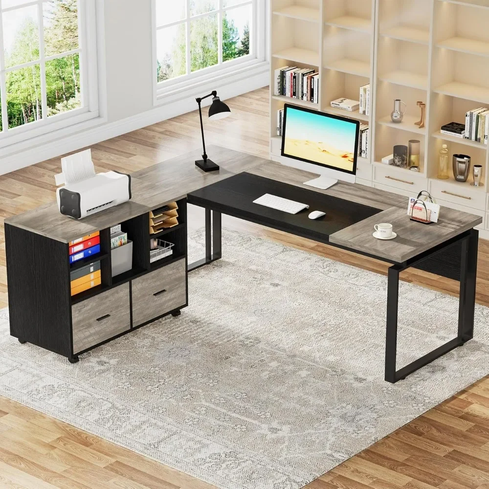 

L-Shaped Executive Desk with Reversible File Cabinet, 63 Office Desk with Storage Drawers, L-Shaped Computer Desk.