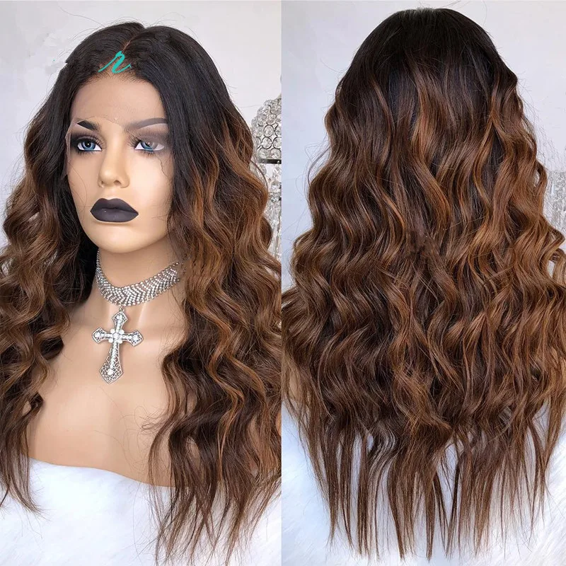 

Длинные синтетические парики с длинными волнистыми волосами и кружевной линией роста, с мелированием в оттенках шоколадно-коричневого и блонд, оригинальные фабричные парики на распродаже, для повседневного использования