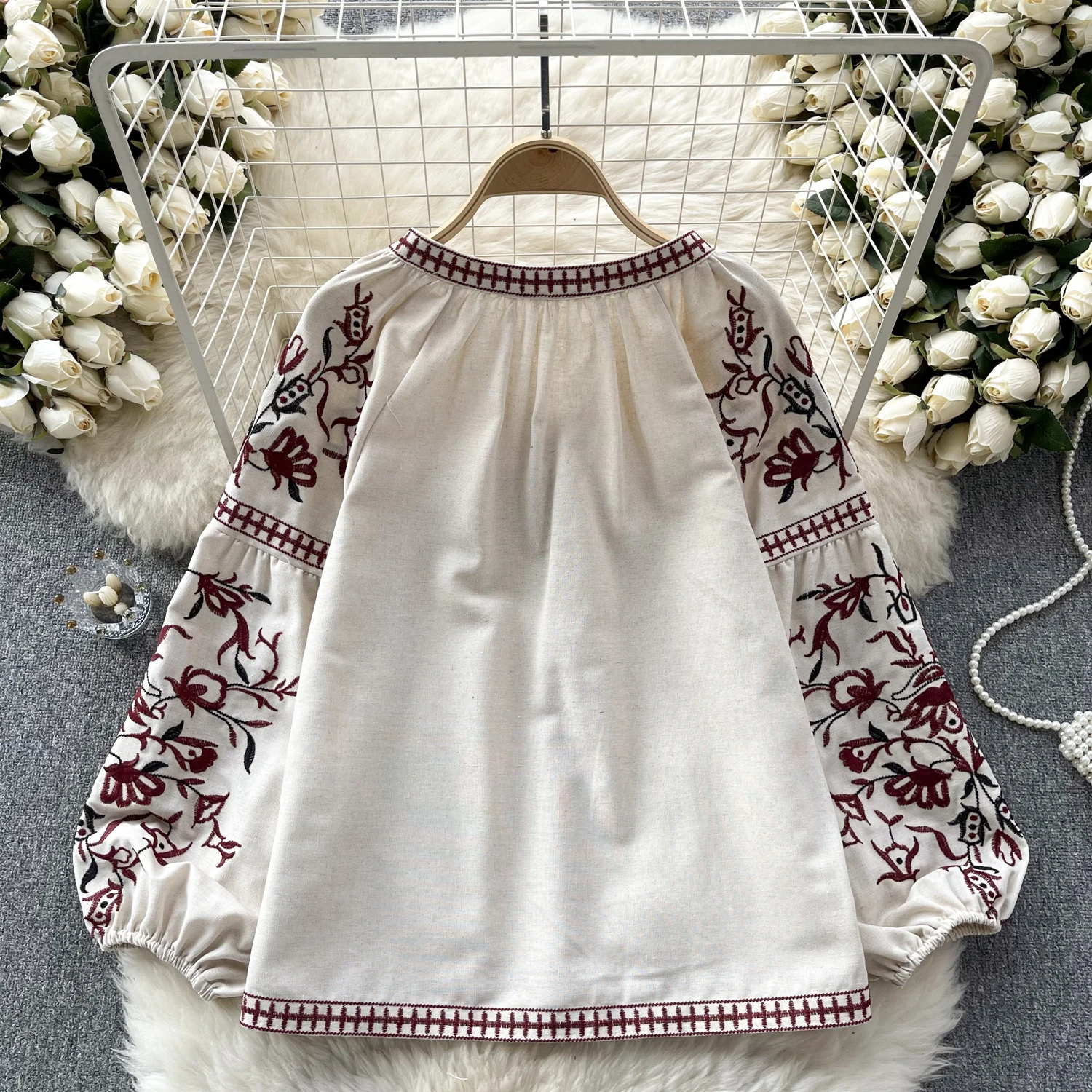 Vintage Elegant Embroidery Lace Up Puff Long Sleeve Loose Blouse Fashion Lapel Shirt Casual Chic Top Fairy Summer Women Shirt