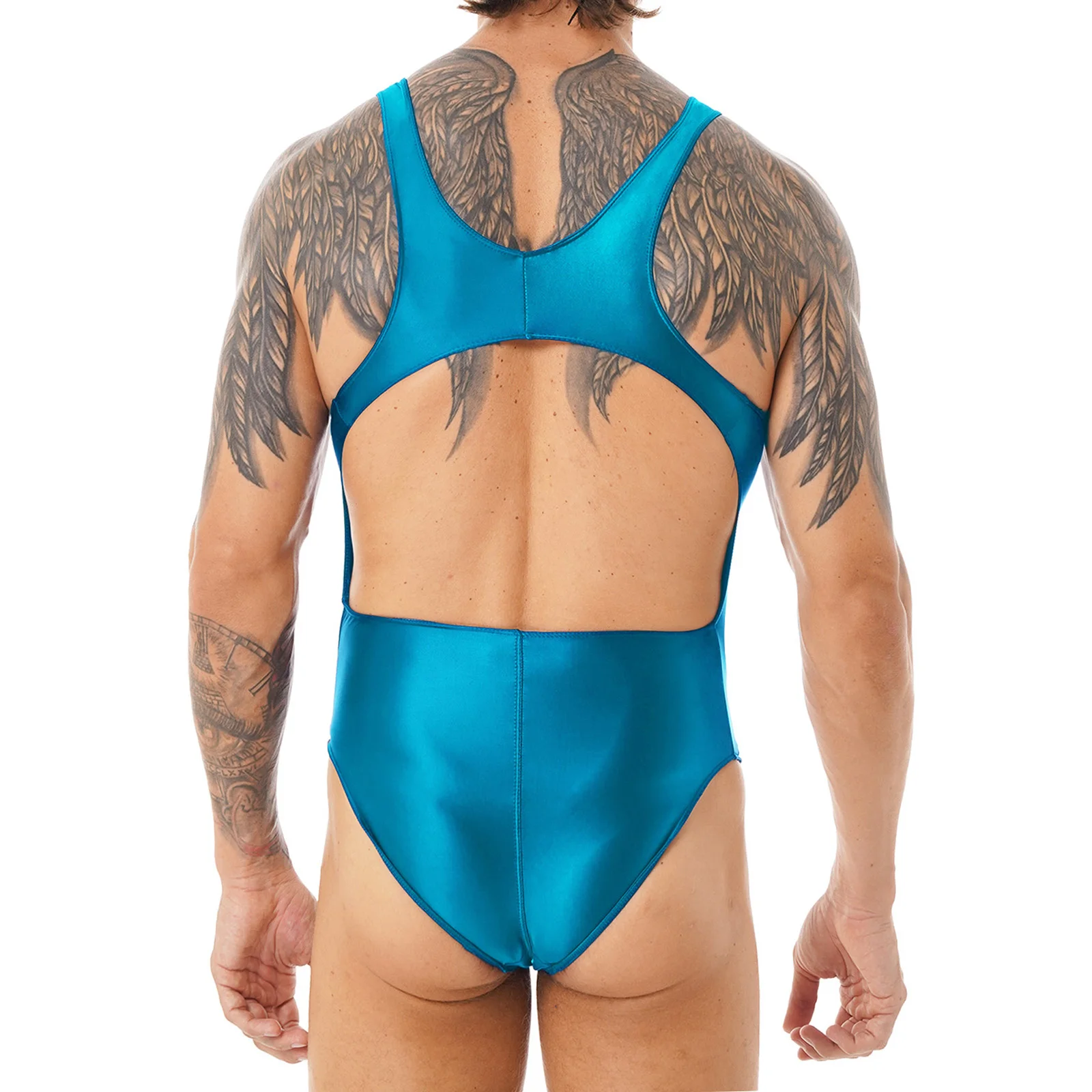 Mens Glossy One-piece Swimsuit Hollow Out Bodysuit Stretchy Leotard Swimwear Solid Color Bathing Suit Wetsuit Surfing Clothing