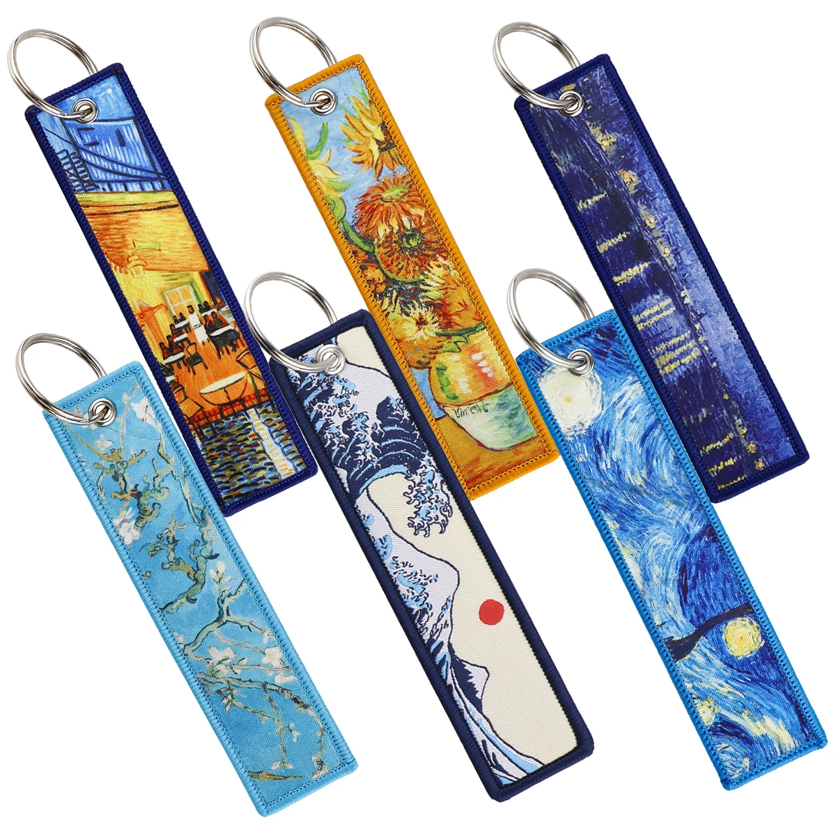 Van Gogh Art Oil Painting Key Chain for Motorcycles and Cars Backpack Japanese waves Key Tag Embroidery Key Fobs Chaveiro