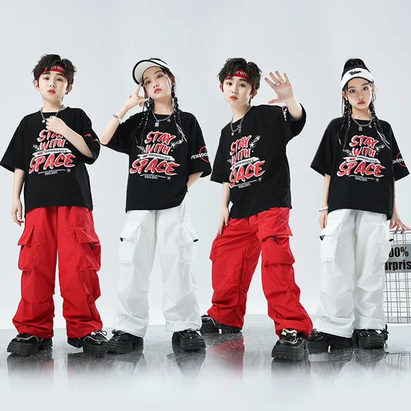 Kid Hip Hop Clothing Black Graphic Tee T Shirt Top Red Casual Pleated Cargo Pants for Girl Boy Jazz Dance Wear Costumes Clothes