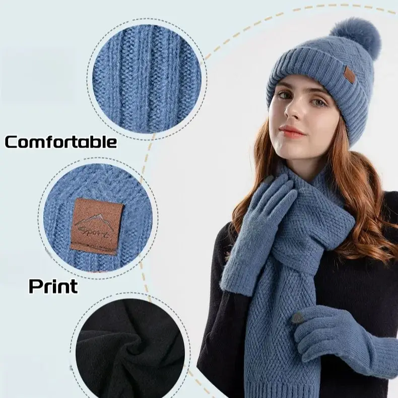 Winter Korean Fashion Knitted Woolen Hat Women Warm Hat Scarf Gloves Ear Protectors Set Hat Velvet Skiing 3Pcs