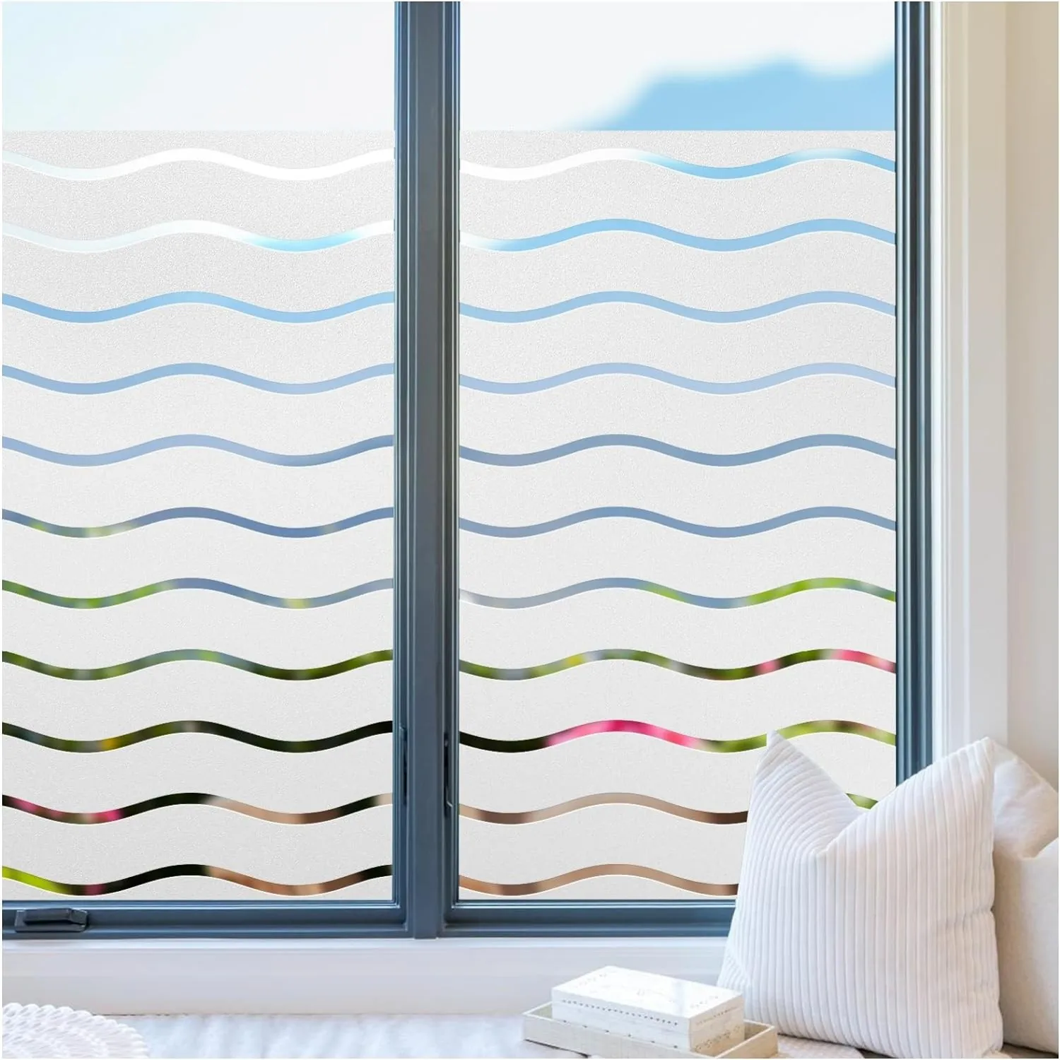 静電気でくっつくウィンドウフィルム つや消しプライバシー UV ブロック フロントドア用 取り外し可能な装飾ストライプ波パターンステッカー 