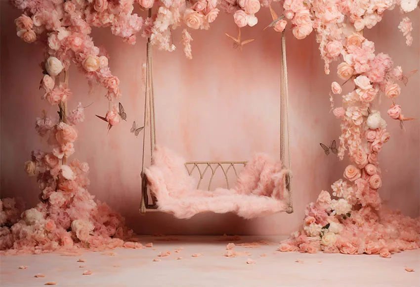 Mehofond 사진 배경 핑크 꽃 나비 공주, 신생아 생일 파티, 그런지 벽 예술 질감 배경 소품