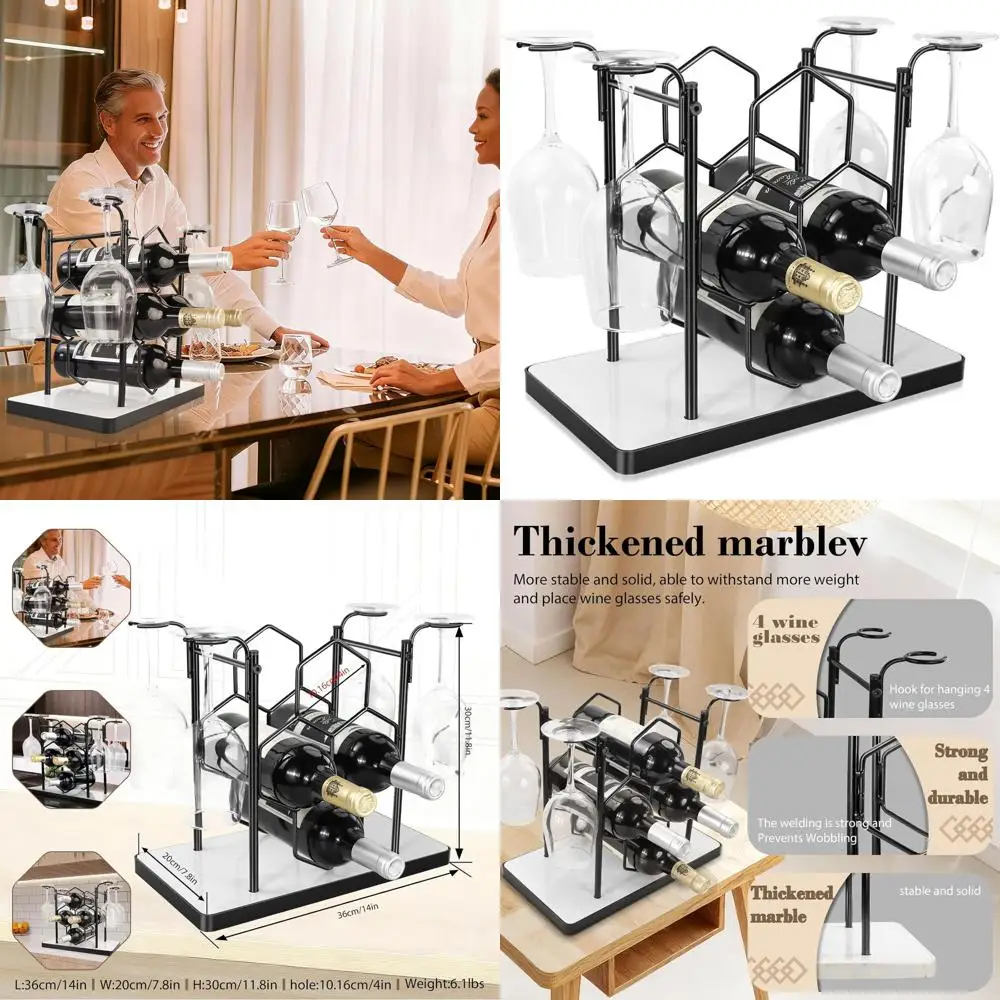 Wine Rack compacto de metal de 3 niveles para 4 botellas y 4 vasos - Soporte de mesa moderno para almacenamiento de despensa en el hogar