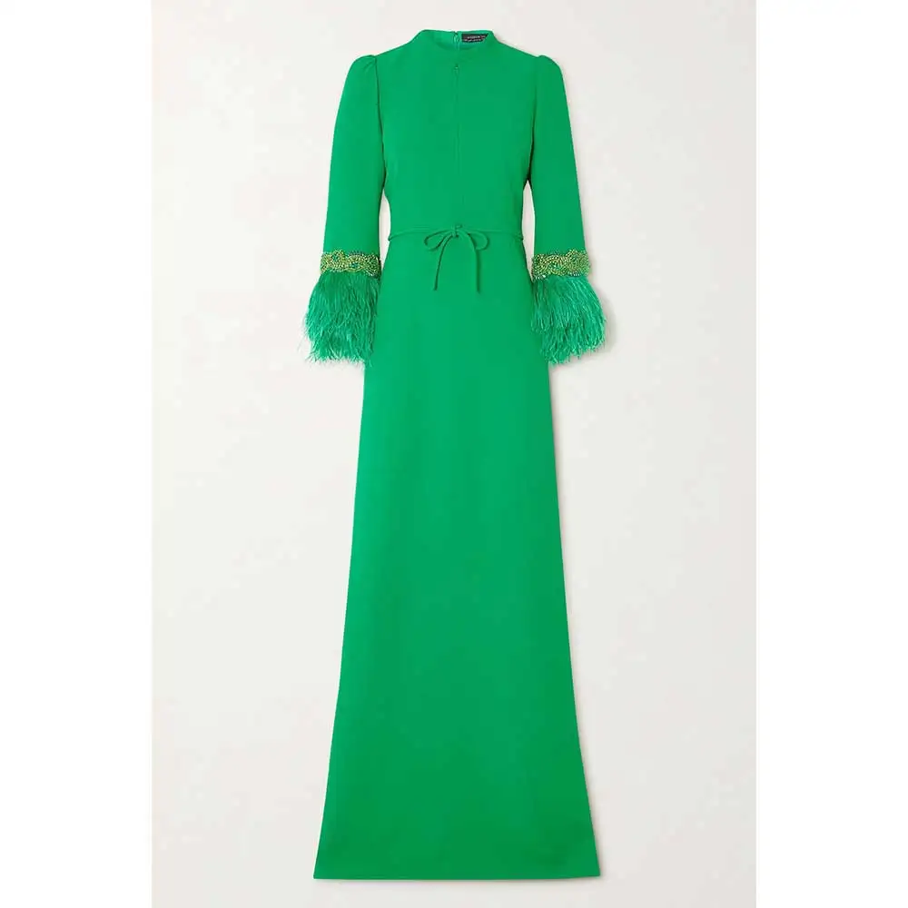 YUMDAI Luxury Dubai Green Beaded Long Sleeve Evening Dress Belt 2024 Elegant Floor Length Feather Dress for Women Wedding Party