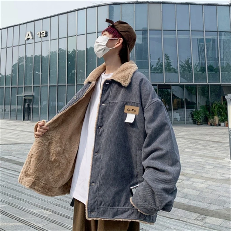 Vintage Corduroy Cotton Coats Men's Winter Thickened Warm Lamb Wool Cotton Casual Turn Down Jacket Coats Autumn Winter Outerwear