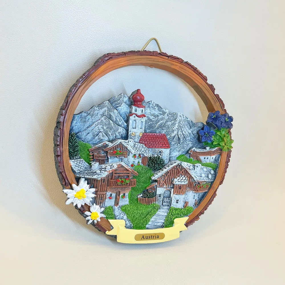 Austria Alpine Village 3D Resin Wall Plaque, Snow Mountain Church Edelweiss Souvenir Wall Hanging Home Decor