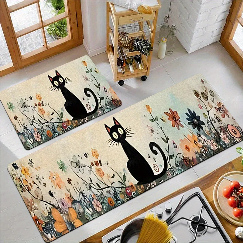 VIKAMA Cartoon-Gartenteppich mit schwarzer Katze, 2-teilig, Küchenteppich, weicher Fußmattente, Teppich für Schlafzimmer, Teppich für Wohnzimmer, Badezimmer, Matte, Zuhause