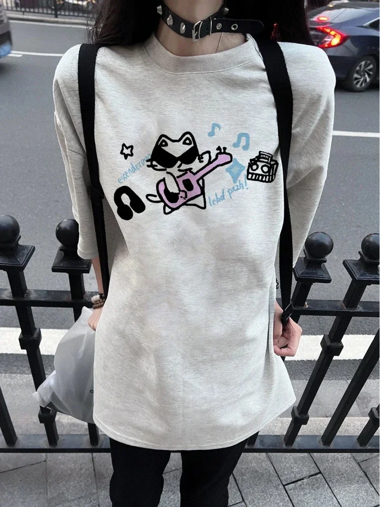 ADAgirl Funny Cat Print T-shirts Women Kawaii Anime Graphic Tees Summer Japan Style Grey Short Sleeve Oversize Streetwear Tops