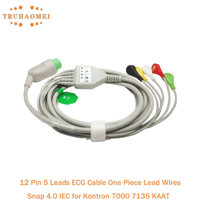 

12 Pin 5 Leads ECG Cable Snap 4.0 IEC One Piece Lead Wires for Kontron 7000 7135 KAAT Kolormon Micromon Minimon Supermon Monitor