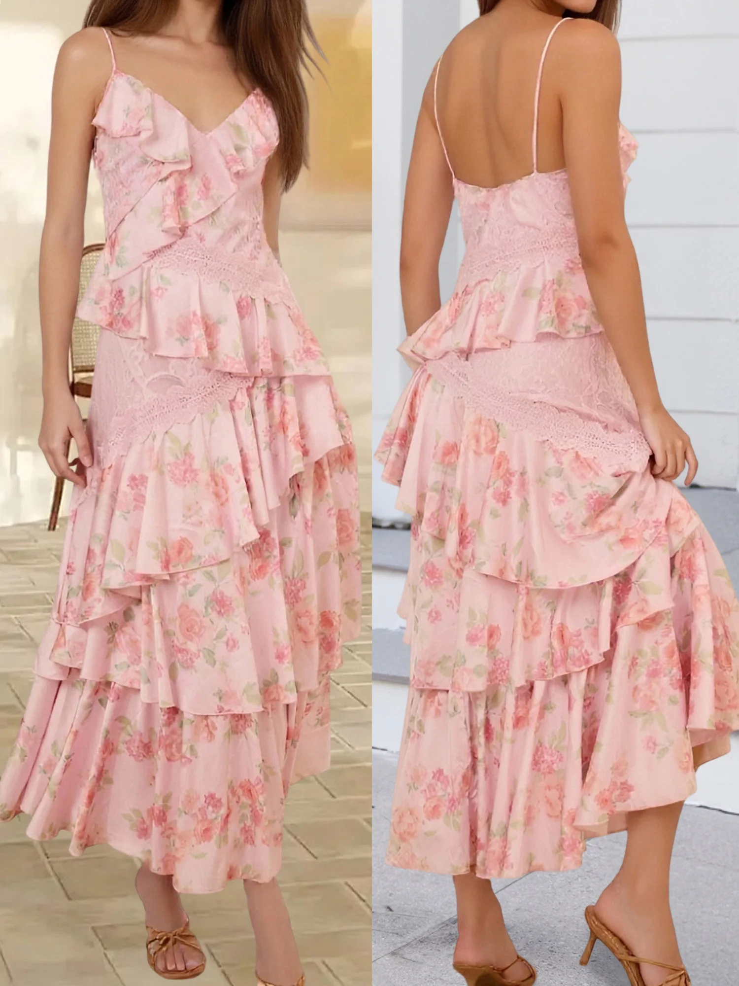 Abito lungo Boho Chic da donna con dettagli volant con spalle scoperte e stampa floreale senza maniche con cinturino per spaghetti con scollo a V senza schienale