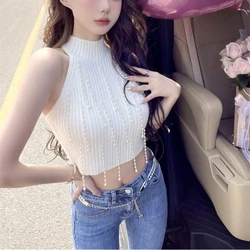 Summer Women's Clothing Half High Collar Pullover Sleeveless Sweater Knitted Solid Color Embroidered Flares T-shirt Korean Tops