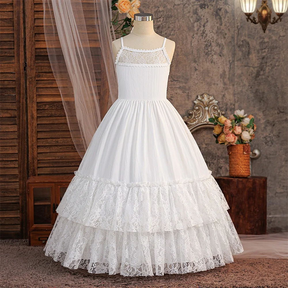 فستان أبيض بدون أكمام من الدانتيل للفتيات ملابس أطفال بدون ظهر فستان الأميرة غير الرسمي للسفر والعطلات
