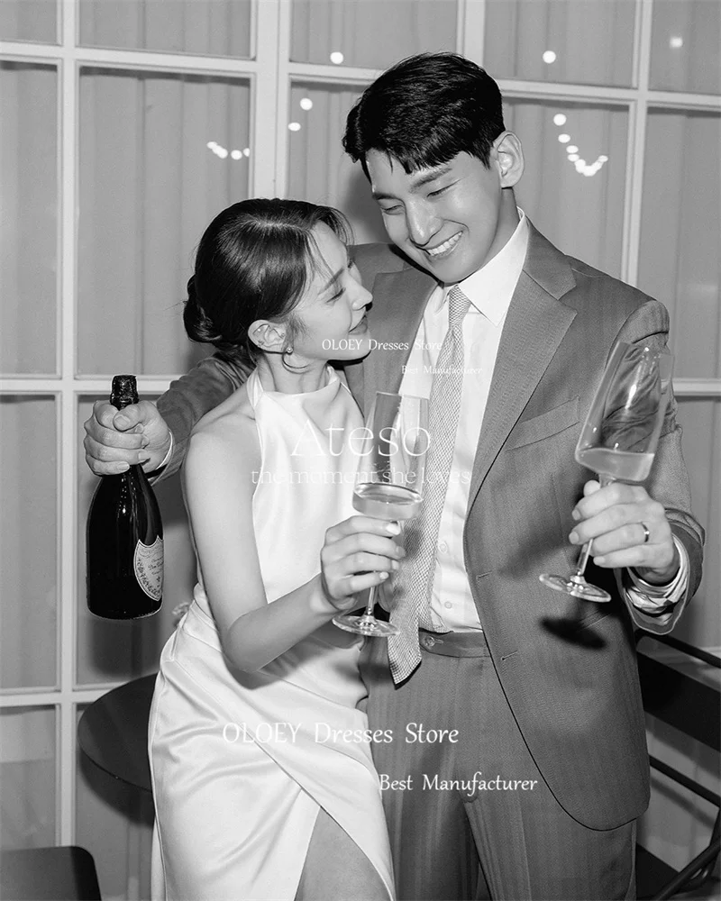 Oloey vestidos de casamento de cetim de seda, gola alta, feminino, formal, festa, praia, longo, divisão, branco, vestido de noite, vestidos de noiva personalizados