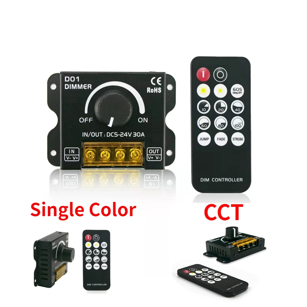 DC5-24V Knob Switch Dimmer LED Strip Light with Wireless RF Controller 30A for Single Color / CCT Tape Lights Stepless Dimming