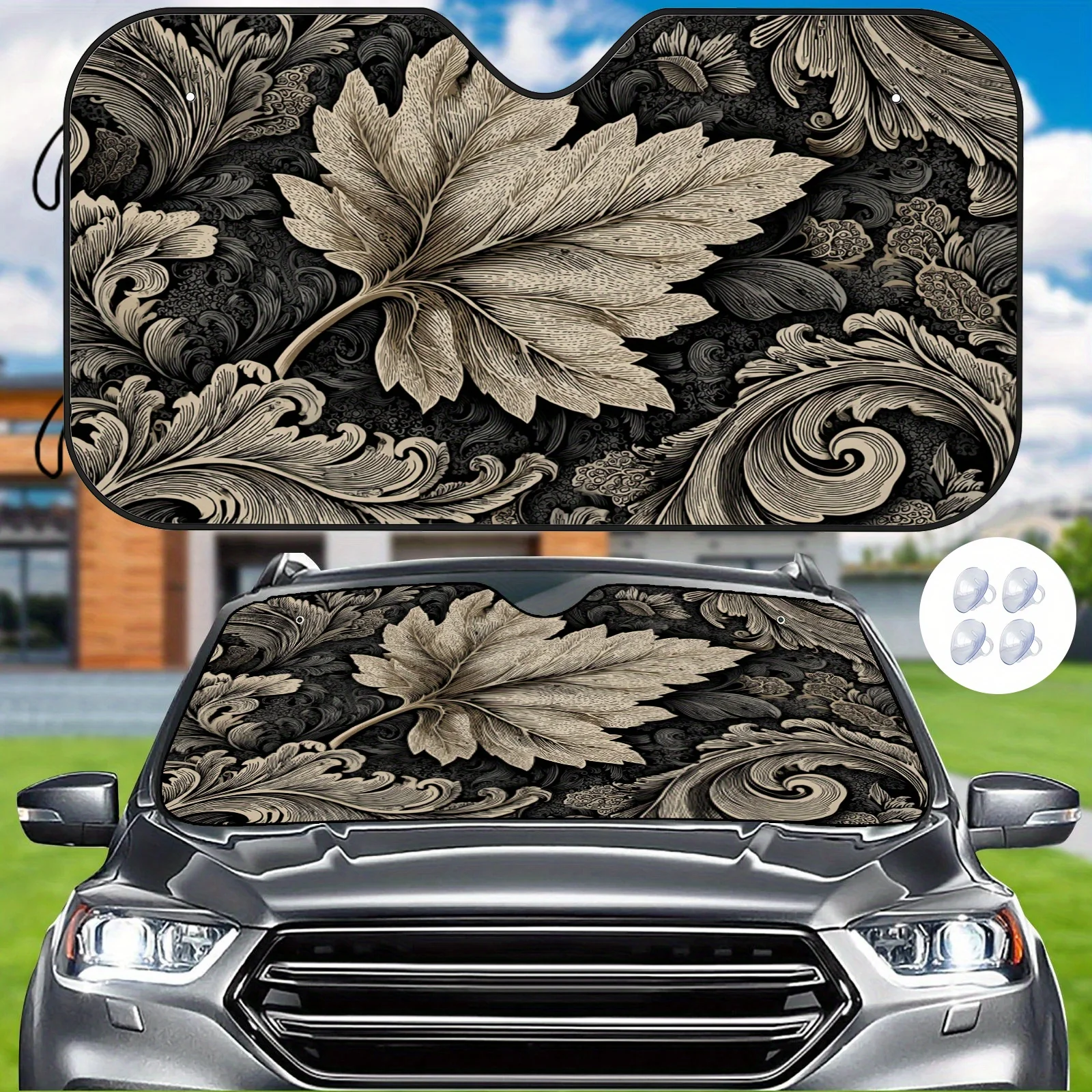 Vintage Patterned Car Sunshade With Exquisite Etched Design, Heat Insulation And Scratch Protection, Includes 4 Suction Cups For