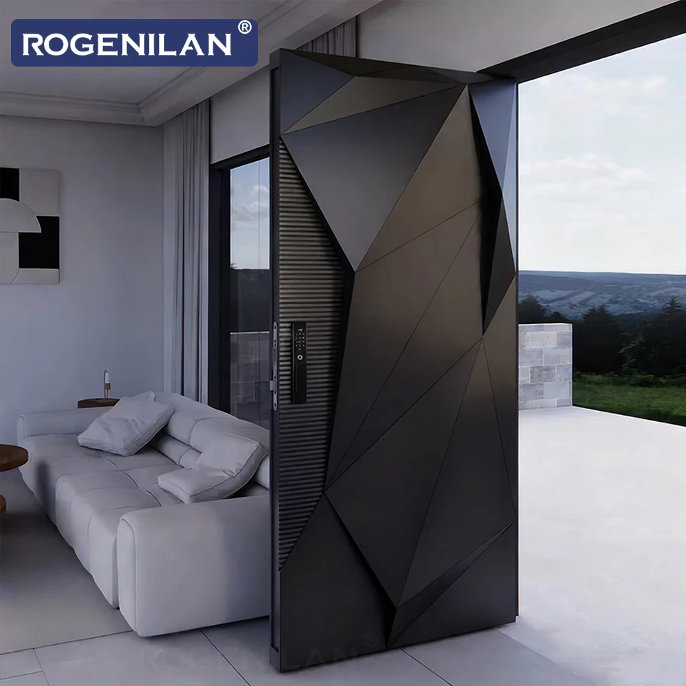 ROGENILAN Factory Custom Exterior Aluminum Entry Door Modern Anti-theft Security Front Entrance Doors for Houses