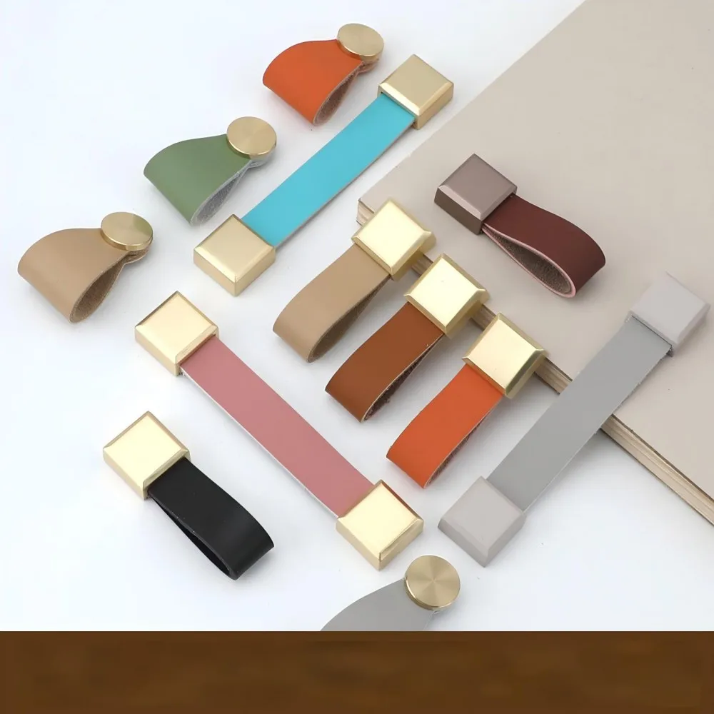 Leather Cabinet Pull Handle Brushed Brass 96mm Hole Distance Soft Grip Strap Minimalist Light Luxury Hardware Wardrobe Drawer