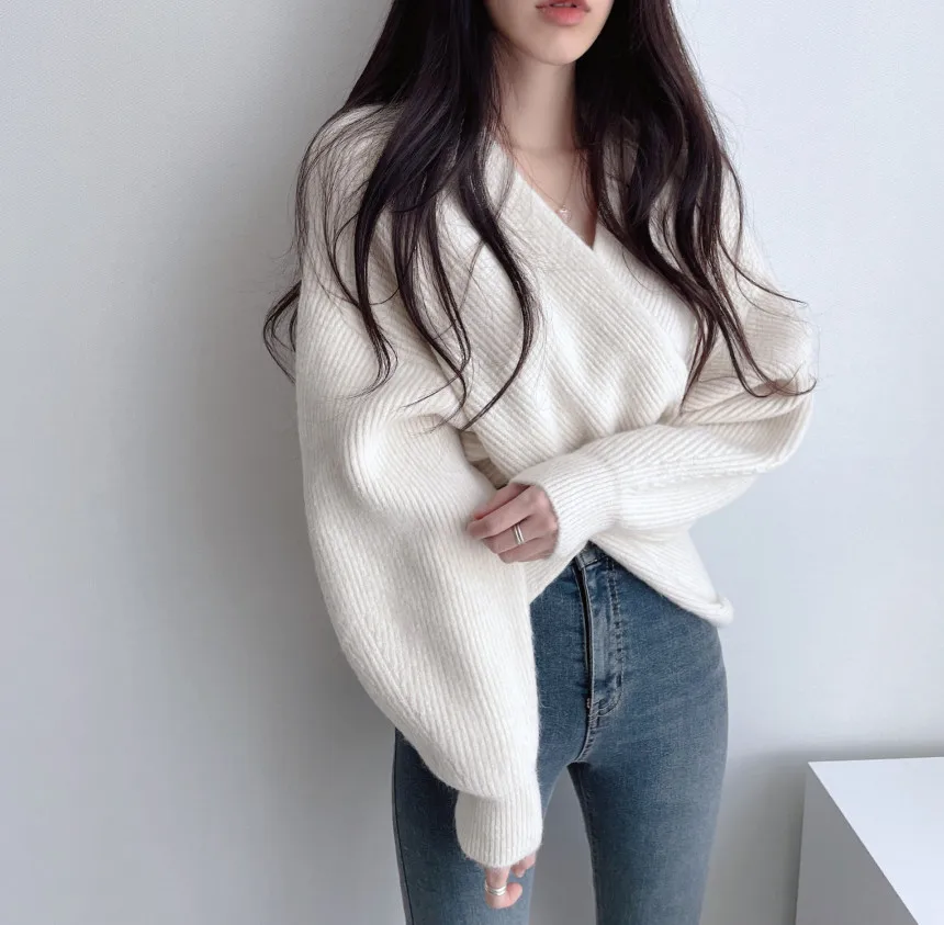 Suéter de punto Y2K coreano Chic cruzado cuello en V jersey de manga larga Color sólido Otoño Invierno Tops