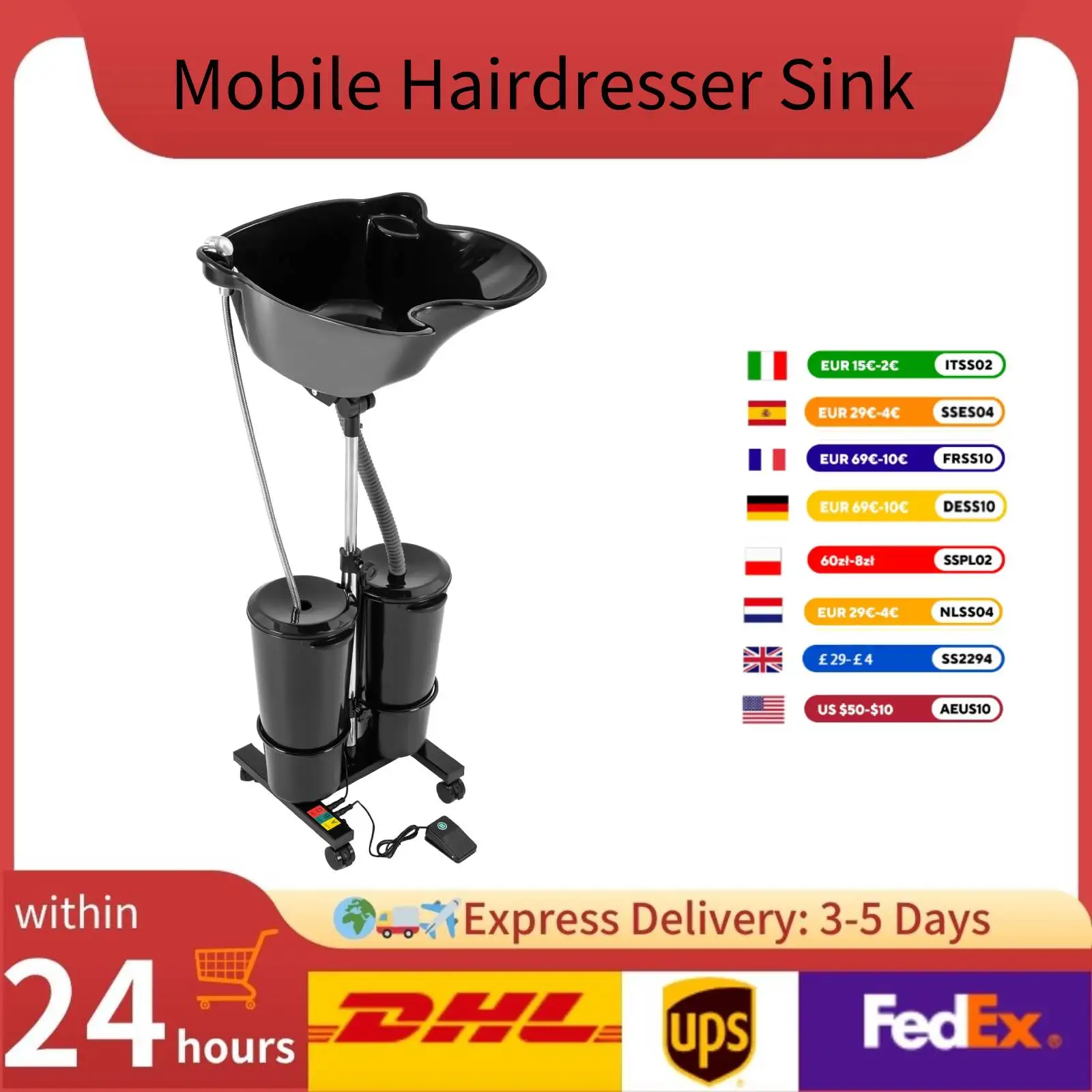 

AC100-240V Portable Shampoo Basin with 2-Buckets Mobile Hairdresser Sink Professional Reverse Wash Basin Hair Wash Bowl Black