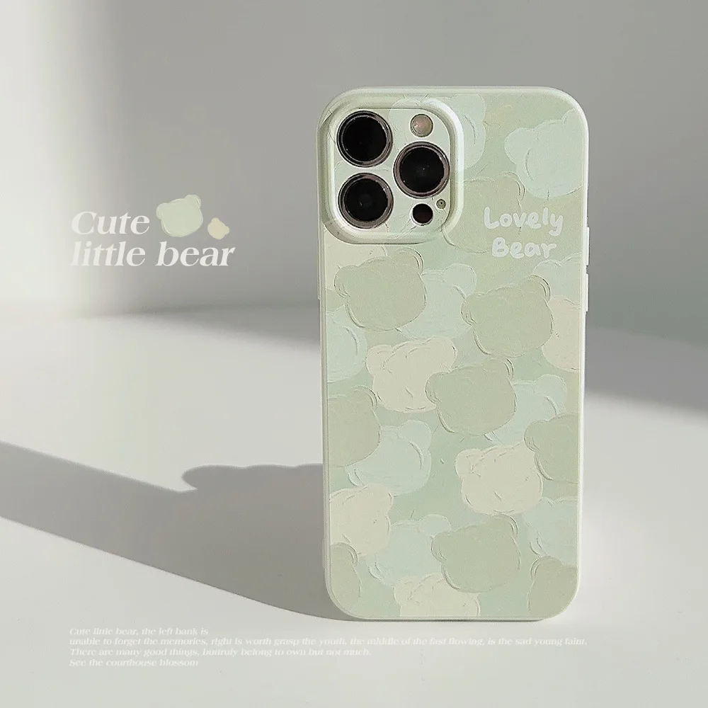 Funda de silicona con dibujo de oso verde para iPhone, carcasa bonita con dibujo al óleo para modelos 12, 13 y 11Pro, 15pro Max 14Plus